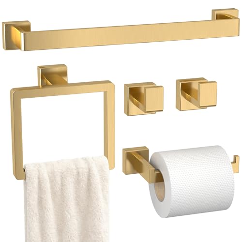 Image of 5-Pieces Gold Bathroom Accessories Set, 24 Inch Towel Bar Set | Stainless Steel, Towel Ring, Toilet Paper Holder, Robe Hooks, Towel Racks for Bathroom Wall Mounted, Bathroom Hardware Set