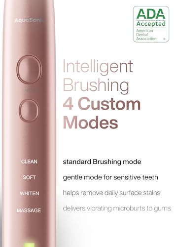 aquasonic vibe series ultra-whitening toothbrush  ada accepted electric toothbrush - 8 brush heads amp travel case  40000 vpm motor amp wireless charging - 4 modes w smart timer  satin rose gold