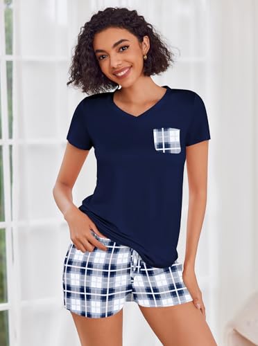 Image of Ekouaer Womens Pajama Sets Short Sleeve Pajamas for Women Sets Soft Lounge Sets Casual V Neck Sleepwear PJS