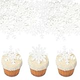 Ephlyn 60Pcs Edible Cupcake Toppers Snowflake Cake Picks Winter Merry Christmas Baby Shower Decorations Snowflake Theme Kids Birthday Party Supplies White