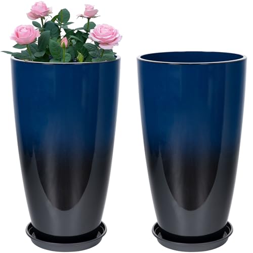 Neoaider Set of 2 Tall Planter 21 inch Large Plastic Planter Dark Blue