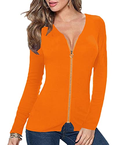 Image of Afibi Women V Neck Zip Front Long Sleeve Casual Top Blouse Shirt /Cardigan