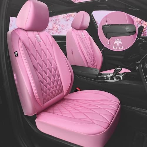 CAR PASS 5 Seats Piping Luxury Leather Seat Covers Full Set, Anti-Slip Waterproof Seat Covers Compatible with Front Armrests, Universal Fit for Suvs,Vans,Trucks,Airbag Compatible, Pure Pink - Image 2