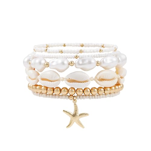 Pychee Summer Surfer Heishi Bracelet Set for Women Stackable Gold Plated Clay Ploymer Bead Stretch Pink Beach Layering Bracelets Jewelry (A-Starfish bracelet)