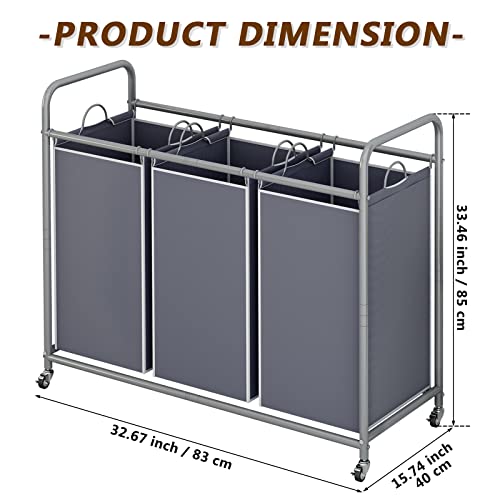 Suoernuo Laundry Sorter Basket 3 Bag Laundry Hamper Cart With Rolling Lockable Wheels And Removable Bags Laundry Organizer Cart For Clothes Storage, Grey #TOP4