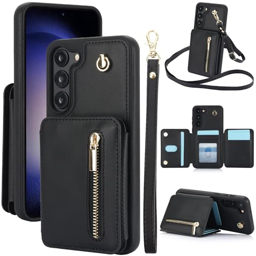 Étui portefeuille Galaxy S23 avec poche zippée et 6 fentes pour cartes noir