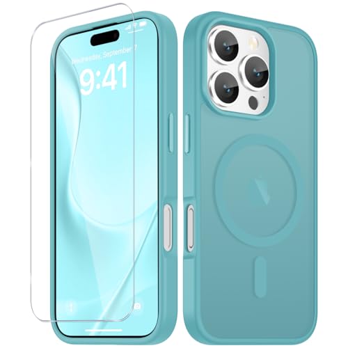 Image of YENAPOON for iPhone 16 Pro Case, Matte Magnetic Phone Cover [with 1 Screen Protector] [Support for MagSafe] [Shockproof Military Grade Protection] Translucent Frosted Back, Light Blue