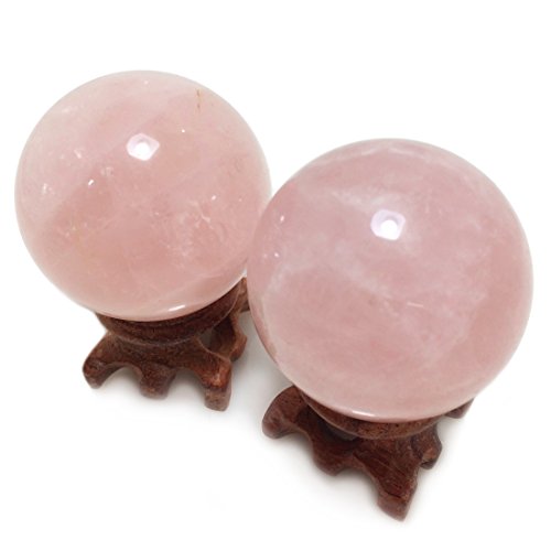 Polar Jade Set Of 2 Rose Quartz Crystal Balls With Stands, 45Mm / 1.8 Inch Diameter, For Scrying, Decoration, Healing, Meditation, Feng Shui, Hand-Made #TOP4