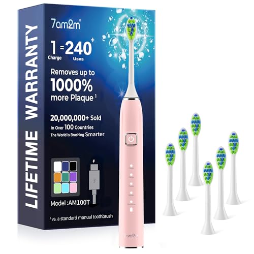 Image of 7AM2M Sonic Electric Toothbrush for Adults,Type-C Charging Run for 120 Days | 6 Brush Heads & 5 Modes, 40000VPM Powered Rechargeable Toothbrush, Smart Timer, IPX7 Waterproof, Travel&Home Use, Pink