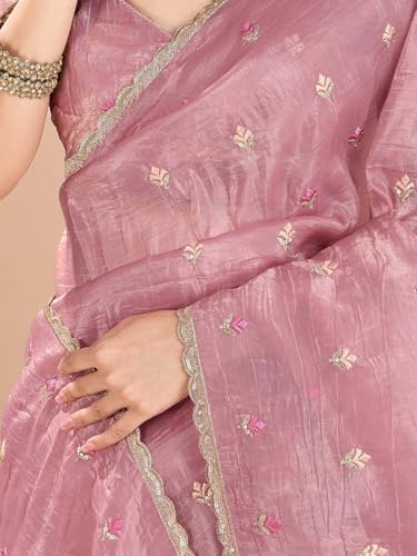 Image of AKHILAM Women's Organza Embroidered Sequins Work Saree With Unstitched Blouse Piece (RANI2501 RN Parent)