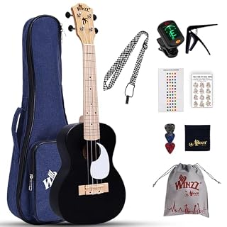 Winzz Ukulélé Adulte Debutant, Ukulélé Concert 23 Pouces, Kit Ukulélé Enfants avec Accordeur, Housse, Sangle, 9 Accessoires (Couleur : noir, en Bois) - Les Beatles, Paul McCartney, John Lennon, RIngo Starr, George Harrison