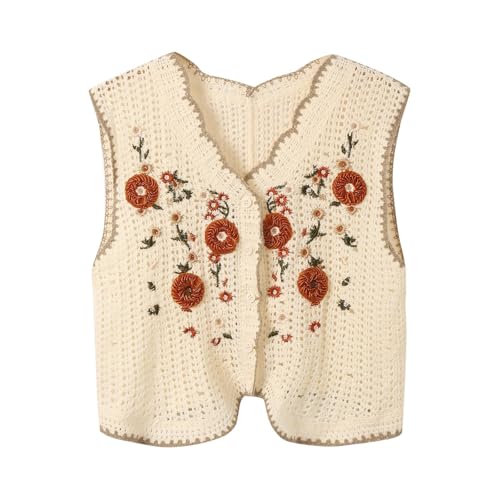Image of Crochet Knitted Waistcoats For Women, Ladies Boho Waistcoat Floral Pattern Sleeveless V-Neck Cardigan Button Down Hippie Casual Outwear Beige One Size