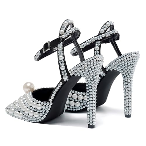 Women's Sparkly Pearl Open Toe Ankle Strap Stiletto 4.3IN Heel Sandals Nightclub Party Wedding Shoes4