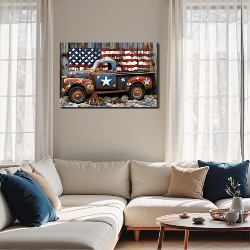Image of Framed Rustic American Flag Vintage Truck Wall Art, Patriotic Farmhouse Canvas Art Pictures, Distressed USA Wall Decor for Garage Man Cave Living Room, Ready to Hang Made in USA
