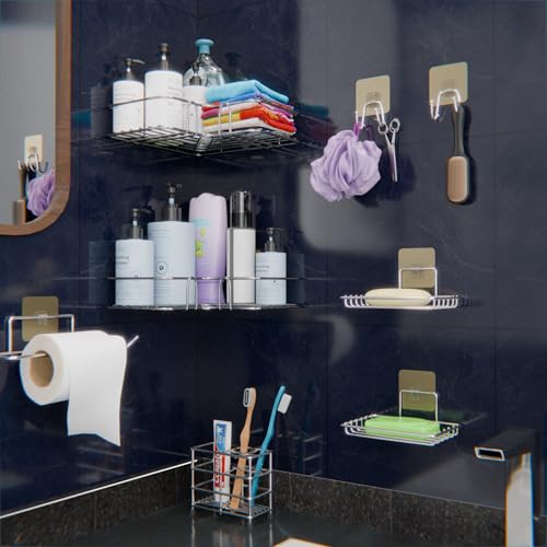 Image of 8 Pcs Bathroom Organiser Without Drill | Self Adhesive Wall Shelf Organizer & Soap Stand for Kitchen Bathroom | Toothbrush & Shampoo Holder L Corner Shelf (Silver)