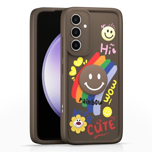 Image of Pikkme Back Cover for Samsung Galaxy S23 FE 5G | Soft Silicone| Cute Rainbow Smile & 3D Cartoon Flower Design | Shockproof Raised Camera Protection Bumper Case (Brown)