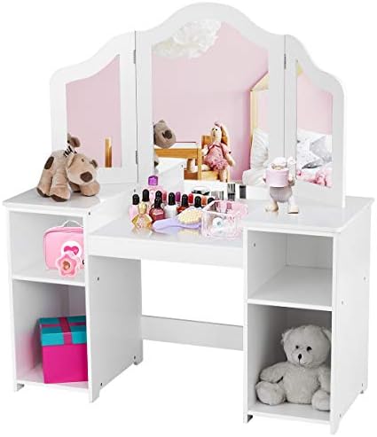 LIFEZEAL Coiffeuse Enfant 2 En 1 Avec Miroir Amovible & Chaise – Table Maquillage + Bureau Bois, Tiroirs, Étagère, Blanc 3-7 Ans