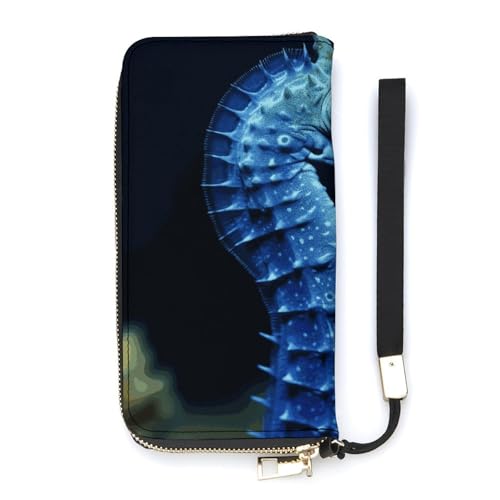 Blue Seahorse Ladies' Leather Wallet With Hand Strap Slim Vertical Purse Wallets Card Case Long Zip Around Long Wallet Credit Cards Holder Phone Clutch