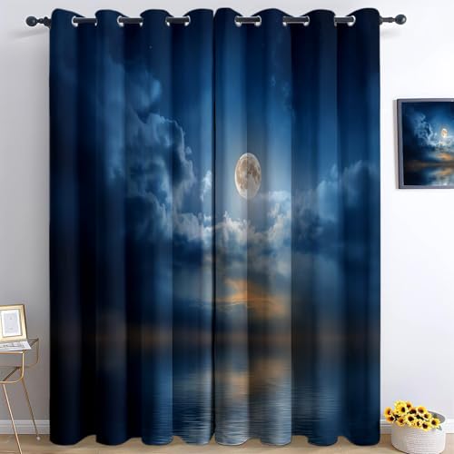 Genérico Arte Fantástico Cortinas Opacas Dormitorio Luna Llena Estrellas Nubes Opacas con Cortina, Azul Aislamiento Térmico Salón Oficina Hotel Decorativas con Ojales 140An x 260Al cm (2 Paneles)