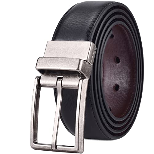 Beltox Fine Men's Dress Belt Leather Reversible 1.25" Wide Rotated Buckle Gift Box（Black/Coffee Belt With Retro Silver Buckle,32-34） #TOP7