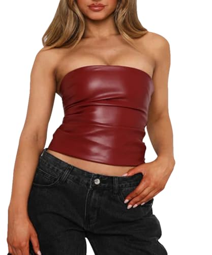PU Leather Tube Top Strapless for Women Sexy Bandeau Vest Ruched Bustier Crop Top Streetwear