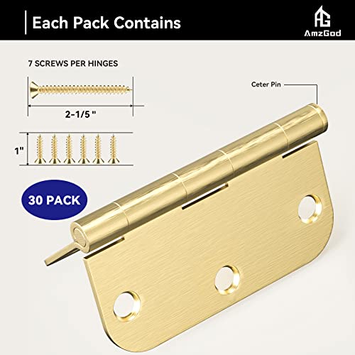 Amzgod Door Hinges Satin Brass - 30 Pack Gold Door Hinges 3.5 Inch Rounded Interior Door Hinges With 5/8" Radius - 3 1/2 Inches Flat Iron Brass Hinges For Residential Standard Doors #TOP2