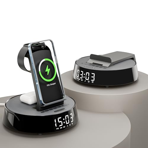 Alarm Clock with Wireless Charging Station, Clock for Bedroom with Dimmable Night Light Bluetooth Speaker, Wireless Charger Dock Station for iPhone 16 15 14 13 12 11 Pro Max, Apple Watch