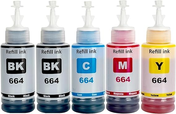 664 Black Refill Ink for Epson L130, L360, L380, L361, L565, L210, L220, L310, L350, L355, L365, L385, L405, L455, L485 Printers (Pack of 5)