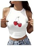 BEAUDRM Women's Y2K Cherry Pattern Round Neck Vest Summer Sleeveless Casual Crop Top Tank Top White A Medium
