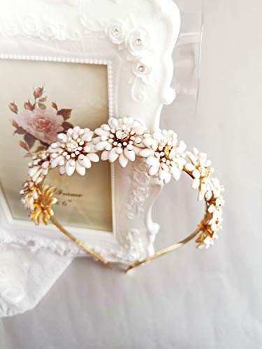 Aegenacess Flowers Floral Gold Headband for Wedding Bridal Accessories Hair Jewerly Vintage Cute Bohemian Headpieces Bridesmaids Gift for Brides (White Flowers)