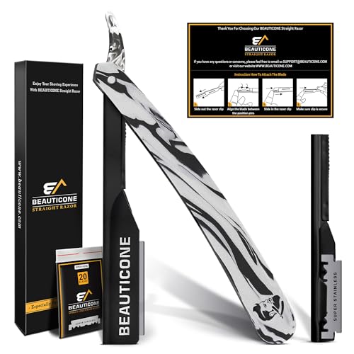 BEAUTICONE® Straight Razors for Men – Professional Barber Straight Edge Razor Kit with Replaceable Single Edge Blades - Navajas Para Barbero - Pouch, Gift Box &amp; 1.2 mm Exposed Blade (Marble Black)