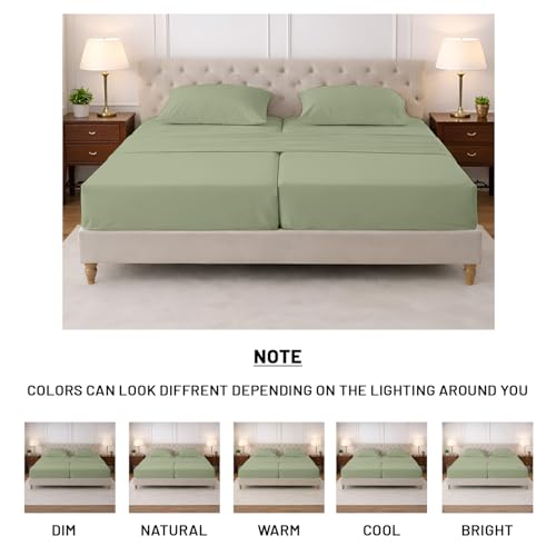 Image of SGI Split King Sheet Set for Adjustable Bed Egyptian Premium Cotton 600 Thread Count Sheets for Sleep Number Bed 15 inch Deep Pocket 5 Pc Set with 2 Twin XL Fitted Sheets Soft Breathable -Moss