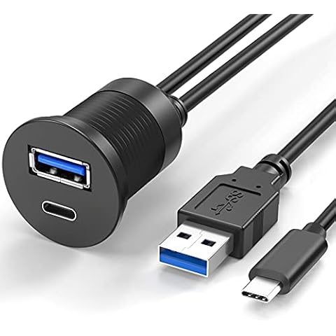 OBVIS USB Type C 3.0 and USB 3.0 Male to Female Flush Mount Cable Waterproof Kit Accessories Car Dash Panel Mount Adapter Converter Extension Extender for Car Boat Motorcycle Motorbike 3 Feet Cover