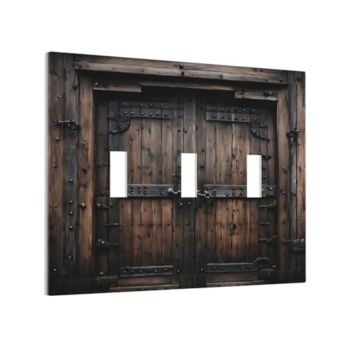 Decorative Light Switch Cover Plate Retro Brown Wood Barn Door Vintage Farmhouse 3 Gang Wall Plate Oversized Triple Toggle Switch Cover Plate Jumbo Faceplate