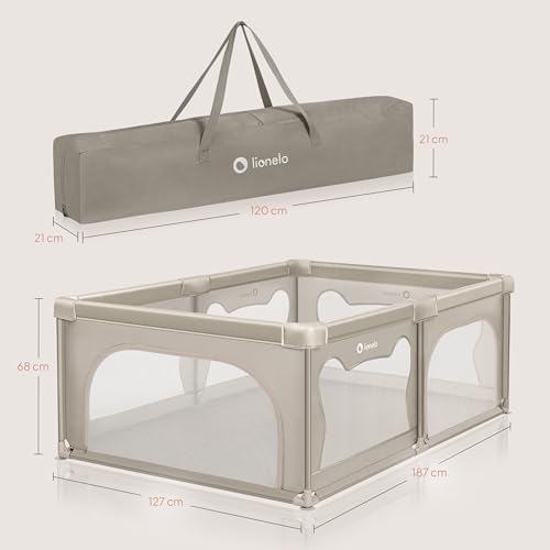 LIONELO WILLOW Laufgitter Baby, ab 0-48 Monaten große Fläche 120 cm x 180 cm x 68 cm mit Seitenwände aus atmungsaktiven, strapazierfähigem Netzstoff, 2 Seitliche Eingänge mit einem Reißverschluss