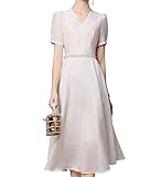 Women's A Line Cocktail Dress Summer White Pearl Slim Elegant Maxi V Neck Evening Dresses for Wedding Party Beach(XXX-Large)