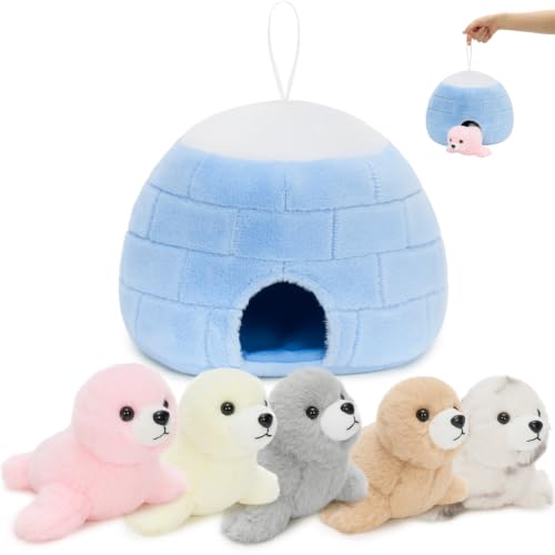 MorisMos Seal Stuffed Animal, 10" Igloo House with 5 Cute Baby Seal Plush
