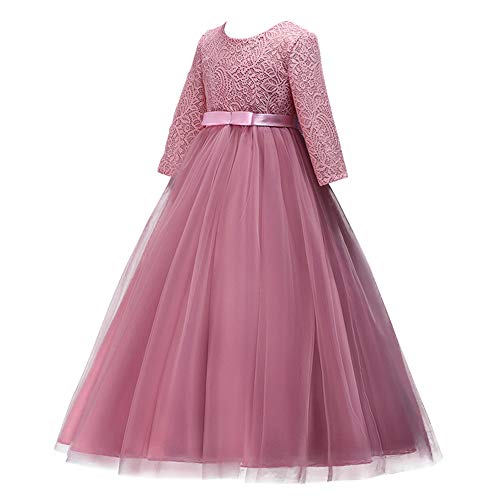 Girls Long Lace Bridesmaid Dress 3/4 Sleeves Floor Length Maxi Tulle Pageant Ball Gowns Wedding Party Dresses for Kids2
