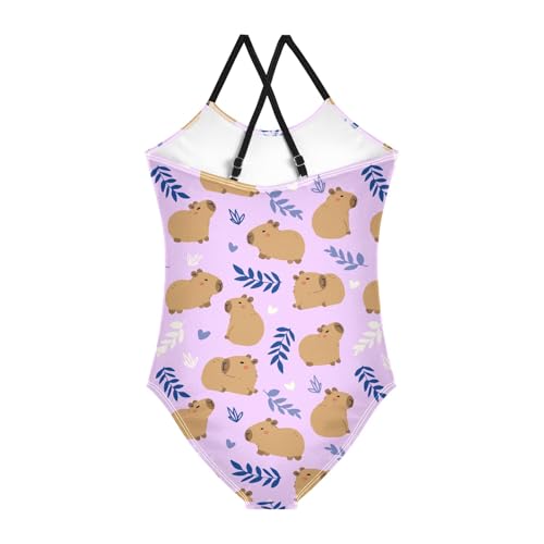 Image of Girls One Piece Swimsuits Cute Capybara Simple Flower Yellow Pattern Cute Swimwear Bathing Suits 3-10T