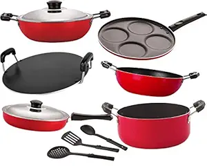 NIRLON Non-Stick Dishwasher Safe Aluminium Cooking Utensils Set (26_FP12_KD14_DKDM_RT_Cass20_UP4_3SPN, Red)- 9 Pcs
