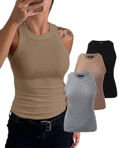 CHICME 3 Piece Womens Tank Tops Summer Sleeveless Basic Cami Shirt Slim Knit Ribbed Racerback Blouses Khaki Black Gray-S