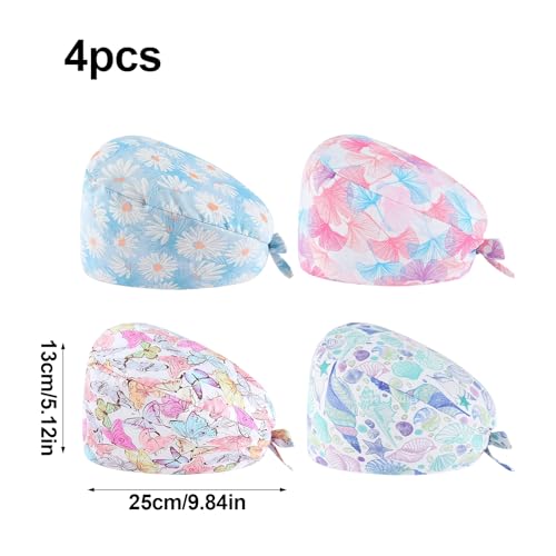 Ziyonix 4 Stück Op Haube mit Knöpfen, Baumwolle Krankenschwester mit Schweißband, Bandana Arbeitskappen Verstellbare Chirurgische Hut für Frauen und Männer (B)