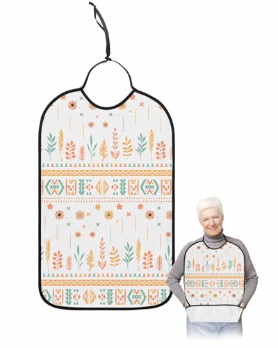LEOKOTI Orange Teal Botanical Adult Bibs for Eating, Waterproof Bibs with Food Catcher & Adjustable Snap Closure, Boho Ethnic Geometric Abstract Washable Clothing Protectors Adult Bibs for Elderly