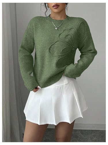 Image of RoseSeek Women's 3D Floral Appliques Crewneck Sweaters Long Sleeve Drop Shoulder Pullovers Elegant Knit Tops