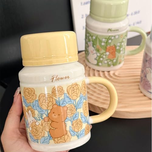 Jarsense Ceramic Coffee Mug, Rabbit Cappuccino Mug with Handle and Lid, 420ml Breakfast Oatmeal Mug, Creative Tea Mug Milk Mug (Yellow) - Image 4