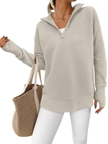 PRETTYGARDEN Womens Long Sleeve Quarter Zip Pullover Sweater Casual Loose V Neck Collared Ribbed Knit Jumper Tops Thumb Hole(Light Grey,Large)