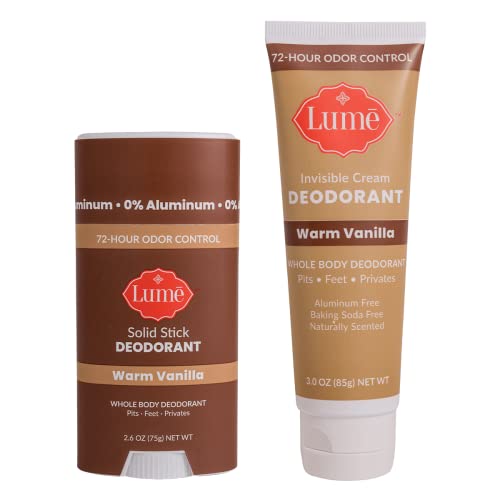 Lume Deodorant Cream Tube and Solid Stick - Underarms and Private Parts - Aluminum Free, Baking Soda Free, Hypoallergenic, and Safe For Sensitive Skin - Travel Tube + Solid Stick Bundle (Warm Vanilla)