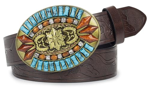 Western Cowboy Belt for Women Tuoquoise Bead Buckle Belt for Jeans Pants