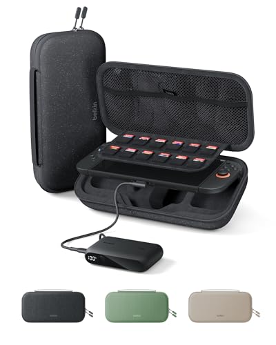 Belkin Nintendo Switch 2 Case w/Integrated 10000mAh Power Bank Charger Portable Hard Shell Protective Carrying Case with Pockets for AirTag Game Cartridges for Travel - Charcoal