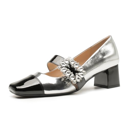Women's Leather Rhinestone Square Toe Mid Block Heel Mary Jane Shoes Adjustable Ankle Buckle Comfort Low Chunky Heel Dress Pumps for Office Work Wedding Party